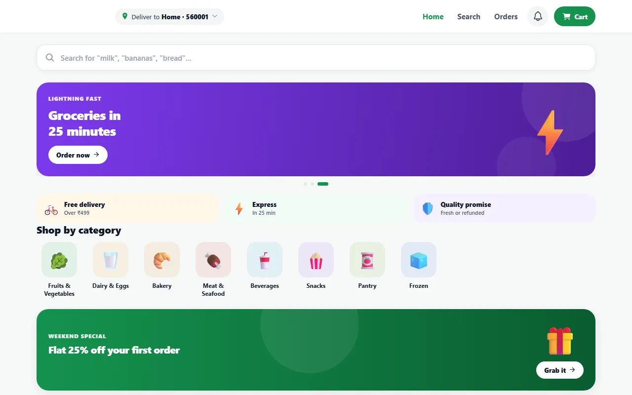 Delivery platform: Home page screen
