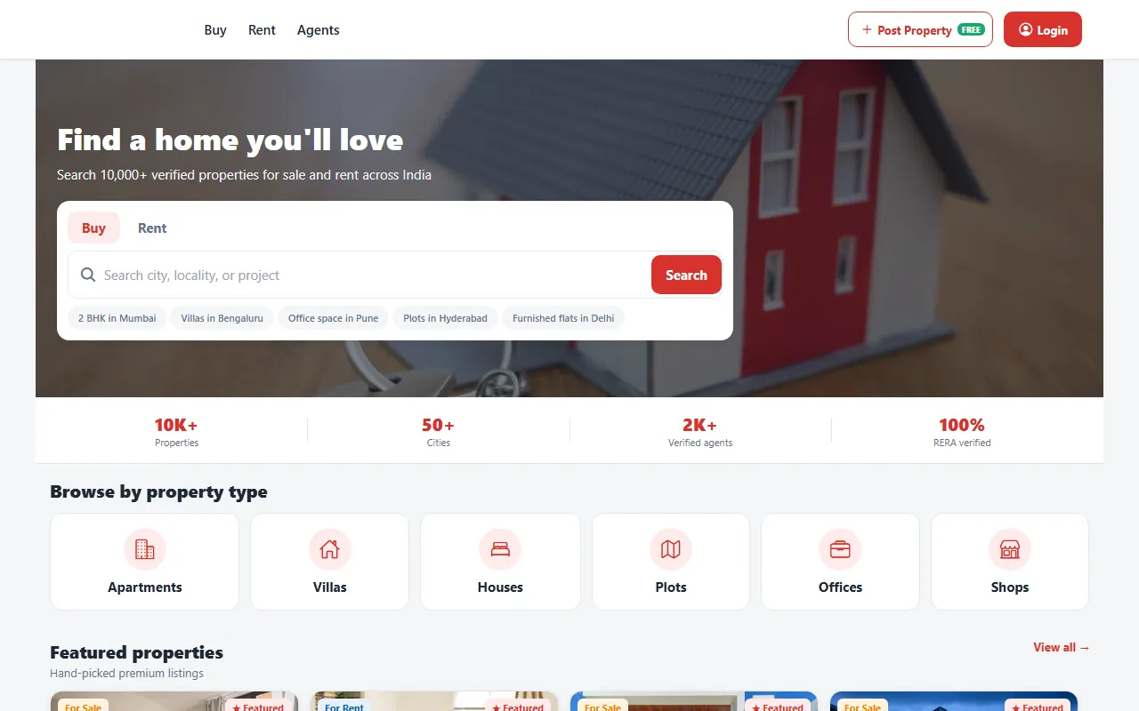 Listings marketplace: Home page screen